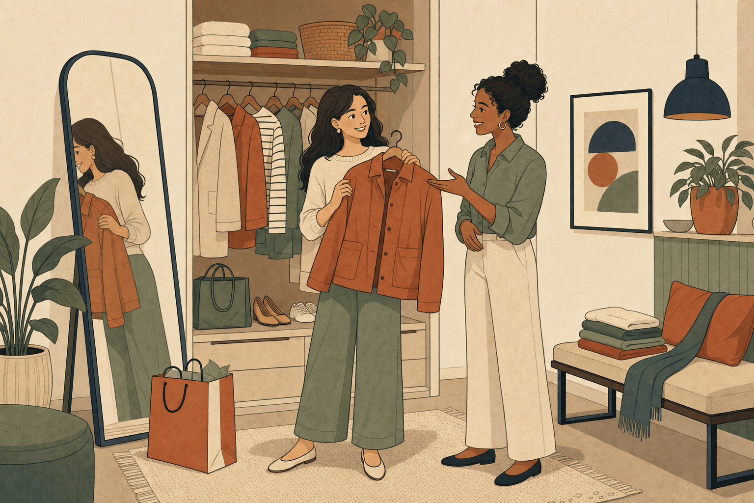 A shopper compares a new jacket against similar pieces already hanging in her closet while a helper points out overlaps