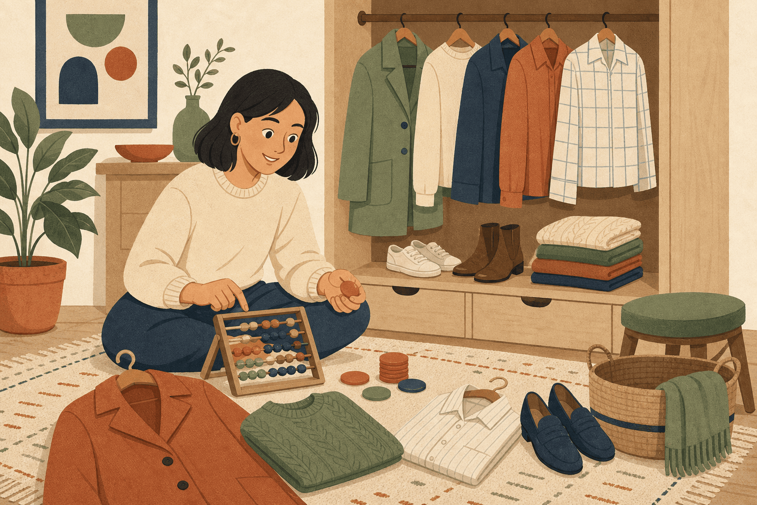 A wardrobe owner uses an abacus and round value tokens in front of an open closet to track how often each piece gets worn