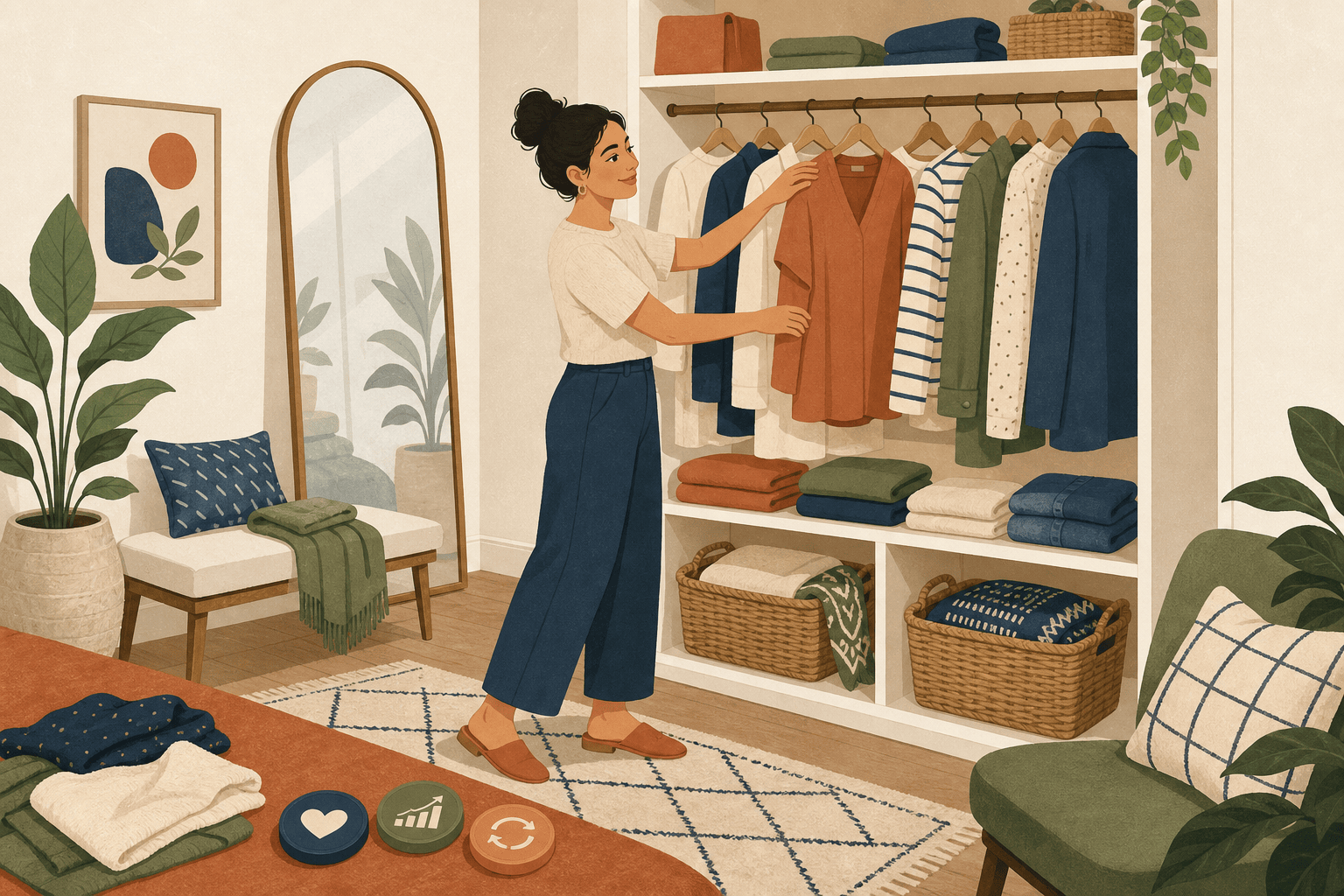 A closet owner reviews favorite pieces, dormant items, and tidy storage in a calm room that suggests growing wardrobe ROI